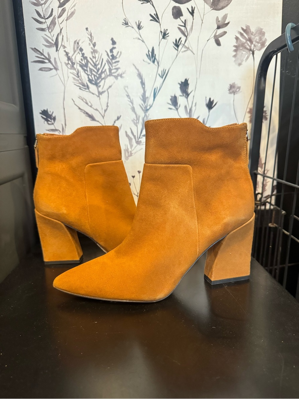 Franco Sarto Venture Suede Pointed-Toe Ankle Boots in Cognac Brown